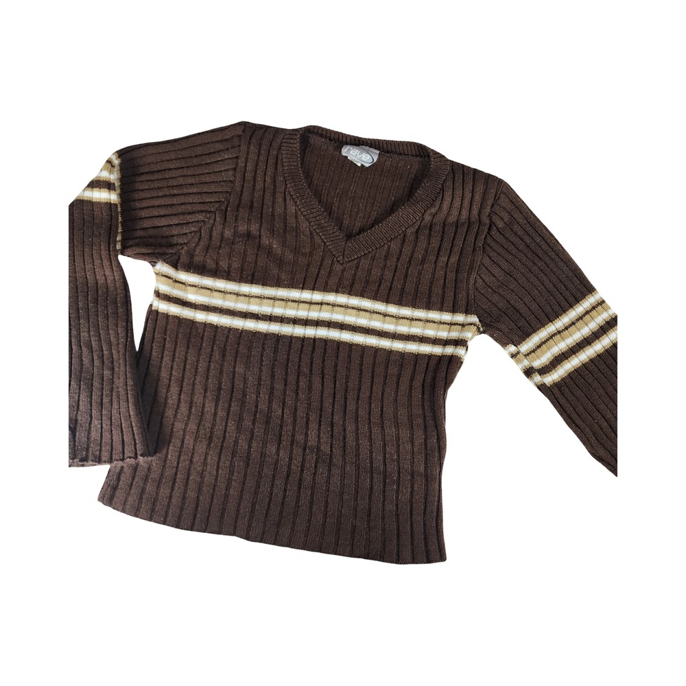 Vintage Rave Brown Ribbed Striped V-Neck Sweater Y2K Made in‎ USA Medium - Picture 2 of 9